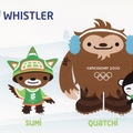 冬奧吉祥物~~(左)雷鳥精靈 Sumi ，(中 )大腳野人 Quatchi ，(右)北極熊 Miga 。