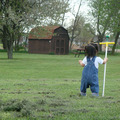 陪女兒(1y8m)在後院玩，她拿著除雜草的工具，高興地又跑又跳。這張照片是三連拍，再用軟體銜接而成。