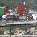 A hotel building leans before falling in a heavily flooded river after Typhoon Morakot hit Taitung county, Taiwan, Sunday, Aug. 9, 2009.  (AP Photo / AP Photo/ETTV Television)