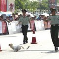 環海南島自由車賽序幕賽，狗兒突然衝進賽場，引得公安「警」張而與小狗演出追逐戰。