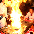 香煎牛排「噴火」瞬間, 法式風味鐵板燒名店「千萬」, 高松市, 香川