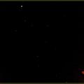 2008.10.18;07:39PM; 人馬座(Sagittarius),俗稱射手座, 如果有望遠鏡朝它望去, 它會是燦爛耀眼的一個星座, 因它位於我們銀河中心的方向上....今日很恰巧,出陽台一見木星(最亮那顆)就看見它在那裡往下快掉下去了...運氣也夠好, 居然也拍得出來.它大約在赤緯-25度,也就是說北緯50度以上頂多只能勉強見它一點點(就是恰巧被我裁掉的一小部份耶....呵呵..在木星上面還有兩顆)