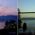 因為十和田 HOTEL是在湖西，所以看不到日落，但晚霞也夠美了(左圖)。旅館裡最佳的觀景處，當然是在露天風呂，難怪有人泡到天太陽下山都還不捨得離開(右圖)