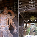 (左圖) 左側的仏像「仁王像　阿形」 (右圖)仁王門內的長階梯參道頗有深奧之感