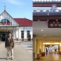 (左圖)JR琴平駅是在大正12年(1923)遷移新建於現址的洋風木造建築、有著懷舊的西歐哥特式風格寺院的駅舎(此相片為次日補拍的)。 (右圖)另有「琴平電鐵」車站在不遠處，這是由地方經營來往於琴平與高松間的鐵道

