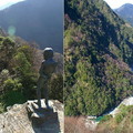 (左圖)我的旅館就在對面250m高的山崖邊，正好與「小便小僧」各據一方遙遙相對。(右圖) 下方正是祖谷溪最險的「七曲」
