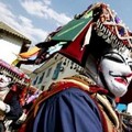 Andean dancers in costumes perform during a festival in honor of the 'Virgen del Carmen', known locally as Mamacha Carmen, in the town of Paucartambo in the Peruvian city of Cuzco, July 15, 2005.  REUTERS/Pilar Olivares