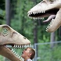 Say Aaaaah... : A German youth sticks his head in the mouth of a dinosaur figure in Kleinwelka 05 August 2005. AFP PHOTO DDP/NORBERT MILLAUER (AFP/DDP/Norbert Millauer)