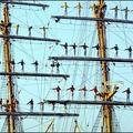 Crew members of the Colombian three-mat training ship, Gloria, are pictured upon their arrival at the military port in Brest. (AFP/Fred Tanneau)