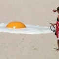 A woman approaches an artwork called 'Big Chook', made of fibreglass and high gloss epoxy marine paint, on Tamarama Beach in Sydney November 2, 2005.