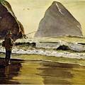 Usingthreeroundsables and alimitedpalette, the artist painted this watercolor at Arch Cape on the Oregon Coast. The paper he used has a warm tan surface that forms a ground suitable for a low keyed painting as this quiet scene of a surf fisherman.