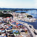 Aerial view on Pine Island coast city, Matsushima, Japan. July, 1993. All those spots now are under the mud and rubble after tsunami.