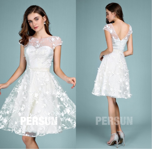 robe mariée courte avec fleurs dentelle 3D dos échancré