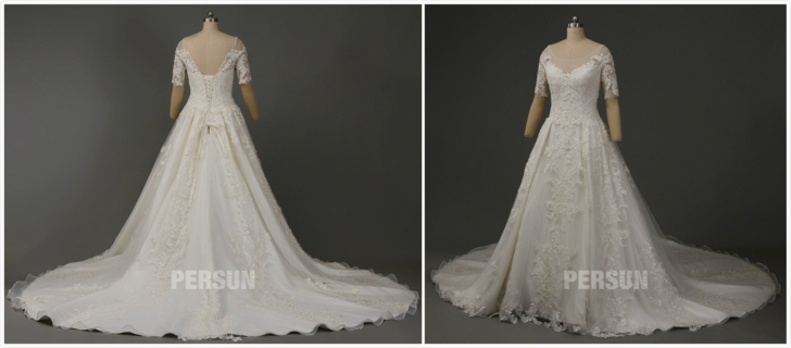 Robe de mariée dentelle vintage manches courtes avec traîne royale