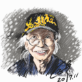  探朋友病，在醫院偶遇同戴龍帽的劉襄先生，91歲白髮飄揚聲音宏亮健步如飛，小青龍婆婆視他為典範，畫像留念相約再度拜訪。