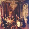 圓桌（Die Tafelrunde）--Adolph von Menzel 所繪腓特烈大帝賓客齊聚無憂宮，包括普魯士科學成員及伏爾泰（左起第三）