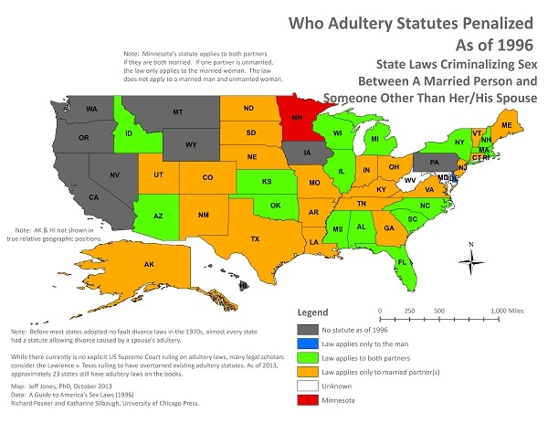 This map shows adultery statutes in the United States in 1996 and who they penalized. from wiki