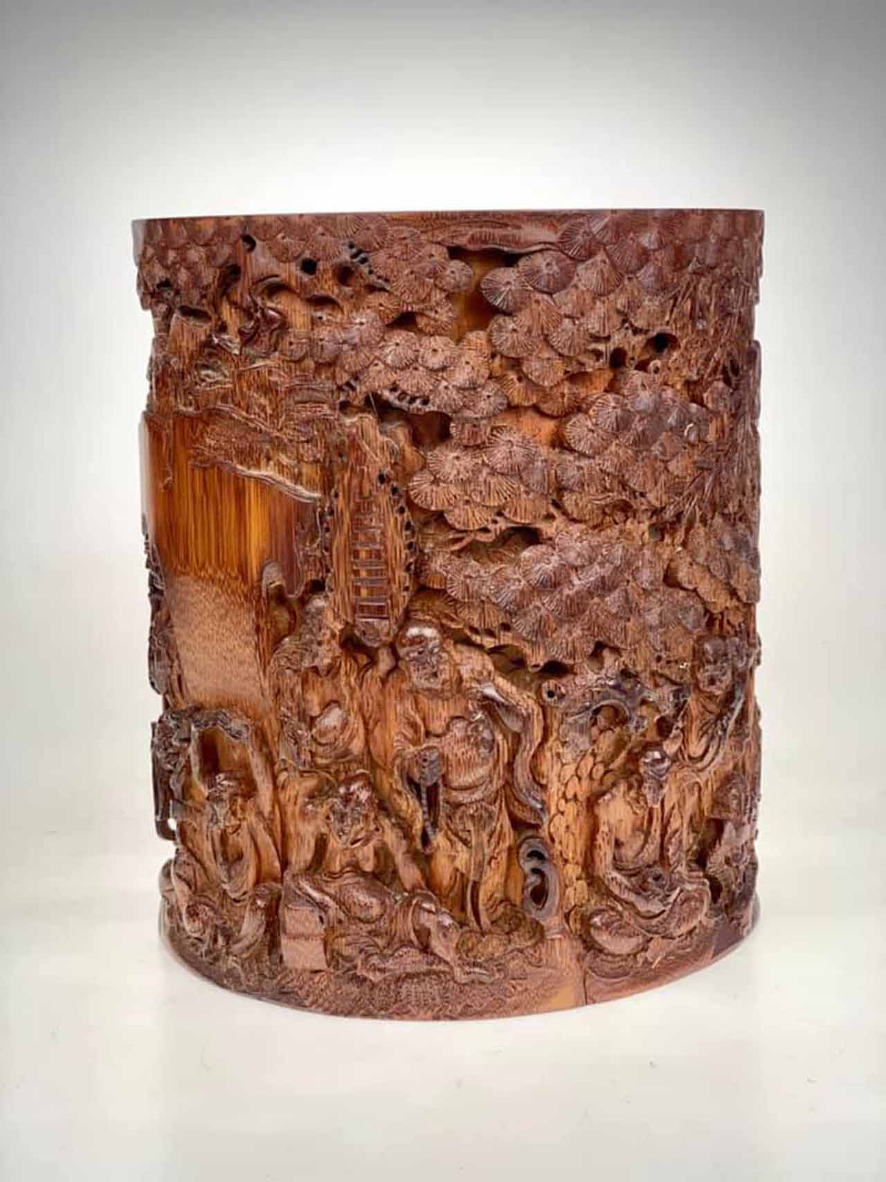収納用品竹雕山水図筆筒 中国 古美術 木工、竹工芸