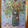 這是我的第一張油畫處女作。那一天，畫的分明是朵朵盛開的野菊花，但到了我畫裡全變成雜草一堆，呵！弄擰了..索性就讓它亂吧！