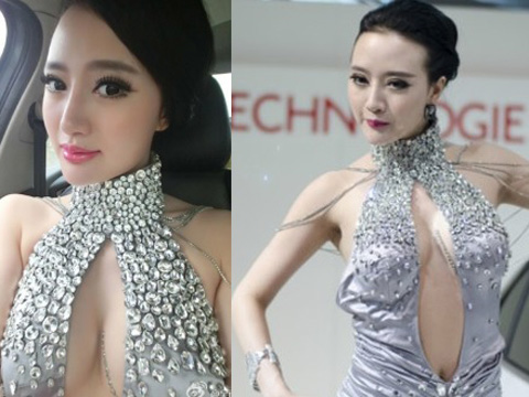號稱「華中第一車模」的吳雨嬋,近日以挖胸裝大開中門出席車展。(合成圖/擷自吳雨嬋微博、網路) 吳雨嬋