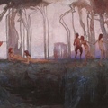 森林裡的潘神，這張創作於西元1898年的〈森林裡的潘神〉(108.6x177.8cm)以吹響牧笛的潘神作為主題，席尼．隆(Sidney Long)要表達的並不是淪沈，而是誘惑與性愛的歡愉。