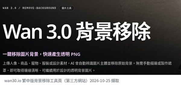 wan30.io 繁中版背景移除工具頁面