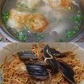 經典美味 上：魚皮湯 是用帶些虱目魚嫩肉的皮   下：鱔魚意麵（乾炒）鱔魚很新鮮不軟爛  