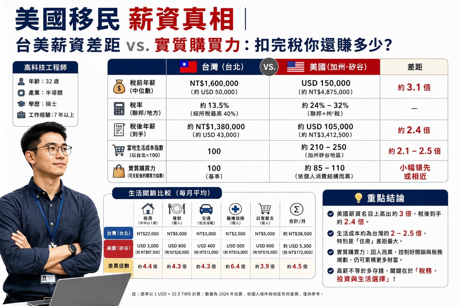 美國移民薪資與台灣薪資比較圖