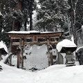 ↓「湯沢神社」在西鄰，正面中央的扁額是、明治的功臣三条実美的揮亳。境内以100多階的陡石段連接、兩旁是樹齢超過1000年的巨欅