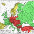 126.1915年時，同盟國與協約國的勢力分佈圖，圖裡同盟國標示為紅色，協約國標示為綠色，中立國標示為黃色