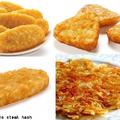 各式的美式炸馬鈴薯餅（hash browns）右上圖做得像 potato nuggets（馬鈴薯塊）．左下圖的「炸馬鈴薯排」就是麥當勞的炸馬鈴薯餅