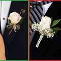 左圖胸花(Boutonnieres), 右圖胸花與腕花(Wrist Corsage), 利用胸花與腕花可以穿出情侶裝的味道