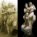 左: Sculpture of Pan teaching Daphnis to play the pipes; ca. 100 B.C. Found in Pompei   右: 2nd century AD Roman marble sculpture of Pan teaching Daphnis to play the pipes