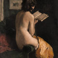 Book Lover (Nude reading, viewed from behind). Miklos Mihalovits (Hungarian, 1888-1960). Oil on canvas on board.
