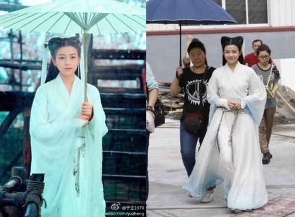 于正PO出這張「小龍女」陳妍希在雨中撐傘的唯美照,被批修很大慘被譏笑宛如充氣娃娃,右圖為片場側拍照。(圖/取自于正微博、新浪娛樂)