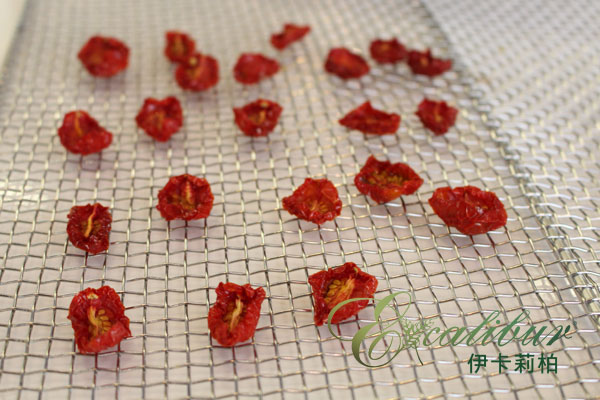 用Excalibur低溫乾果機烘乾的番茄,去除水分後變得非常小顆 用Excalibur低溫乾果機烘乾的番茄,去除水分後變得非常小顆