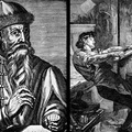 約翰內斯•古騰堡(Johannes Gutenberg)像及活字印刷示意圖