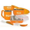 ~Thinkbaby BPA Free 不銹鋼兒童餐具組(橘)
一組$1280 不含運
採分離式組裝，餐具有顏色的部分是可拆下的，內裡是採食品級可用的不鏽鋼材質可高溫消毒(不可微波)。

材質:內部材質為食品級不鏽鋼(可高溫殺菌，不可使用微波)+外部由PP材質包覆有保溫防止小孩燙傷功用


尺寸:飯盒附蓋14*10*3.5cm

深碗附蓋直徑10.5cm，4.5cm深

淺碗附蓋直徑12cm，深3.54cm

飲料杯直徑7.5cm，深度7CCM