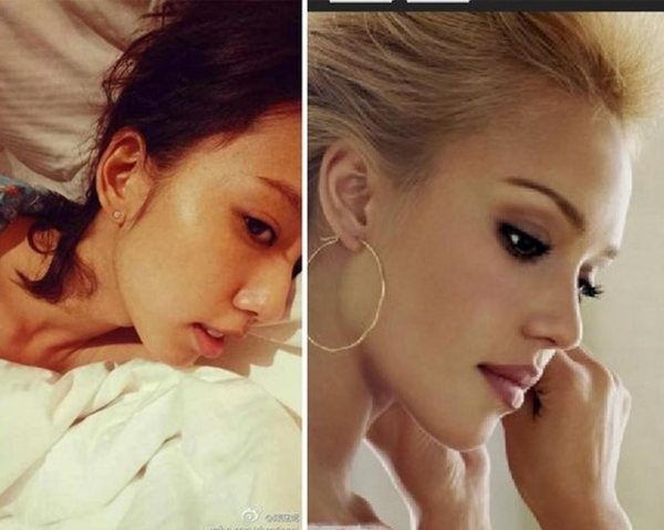 陳庭妮素顏照被認為和潔西卡艾芭十分相像。(圖/取自陳庭妮微博、翻攝fansshare網站)